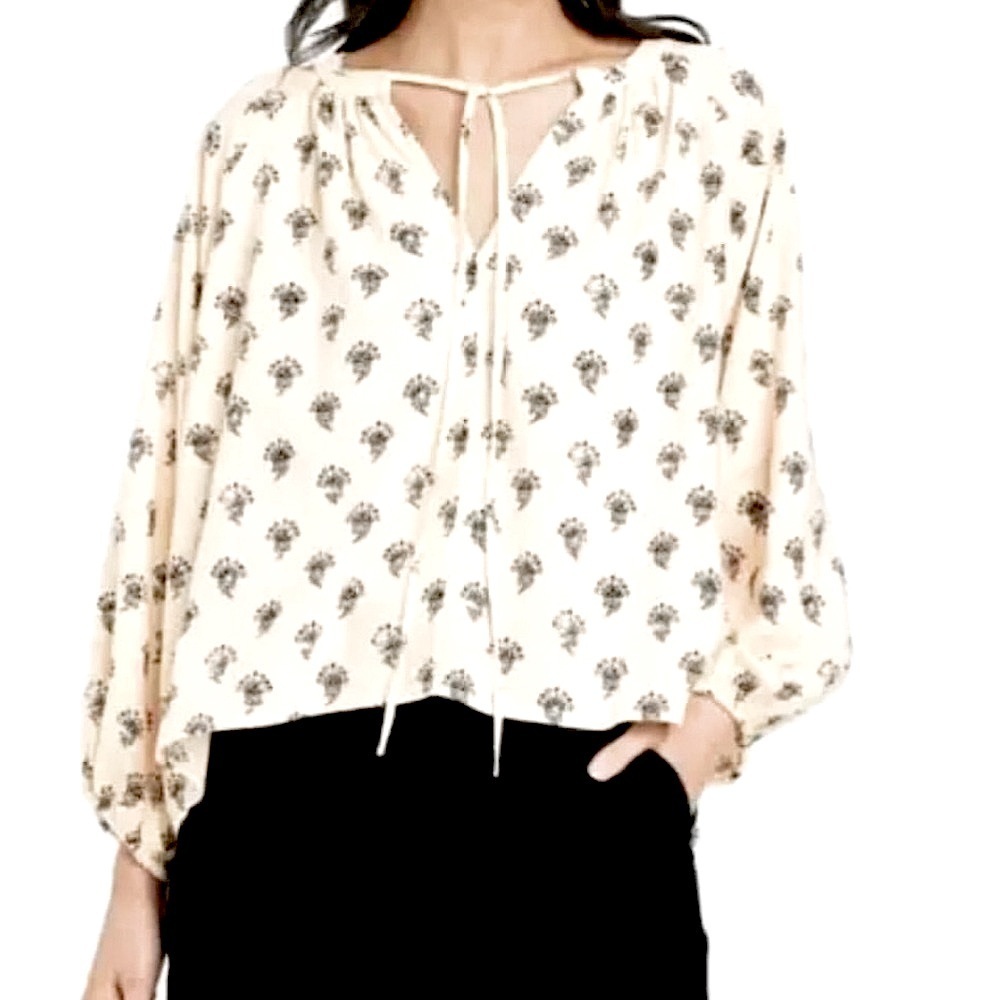 A NEW DAY Tie neck Linen blouse cream and black Bohemian Femenine Western - Picture 3 of 16